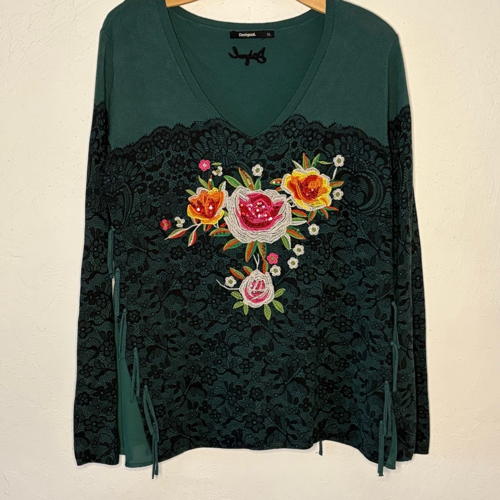DESIGUAL Women Sweater XL‎ Manhattan Floral Lace Fringe Green V-Neck Sequins